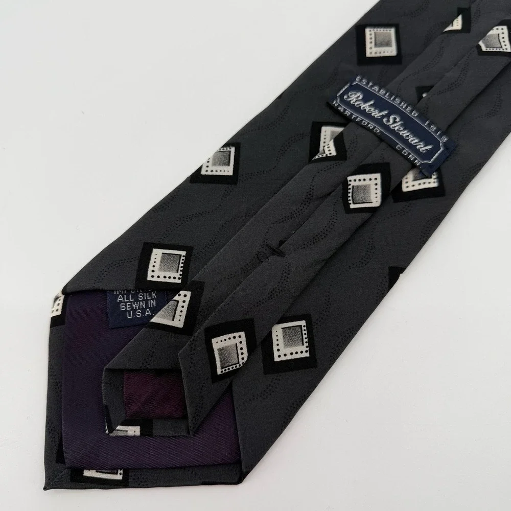 Vtg 90s Robert Stewart Tie Mens Silk Gray Black Geometric Abstract Made in USA